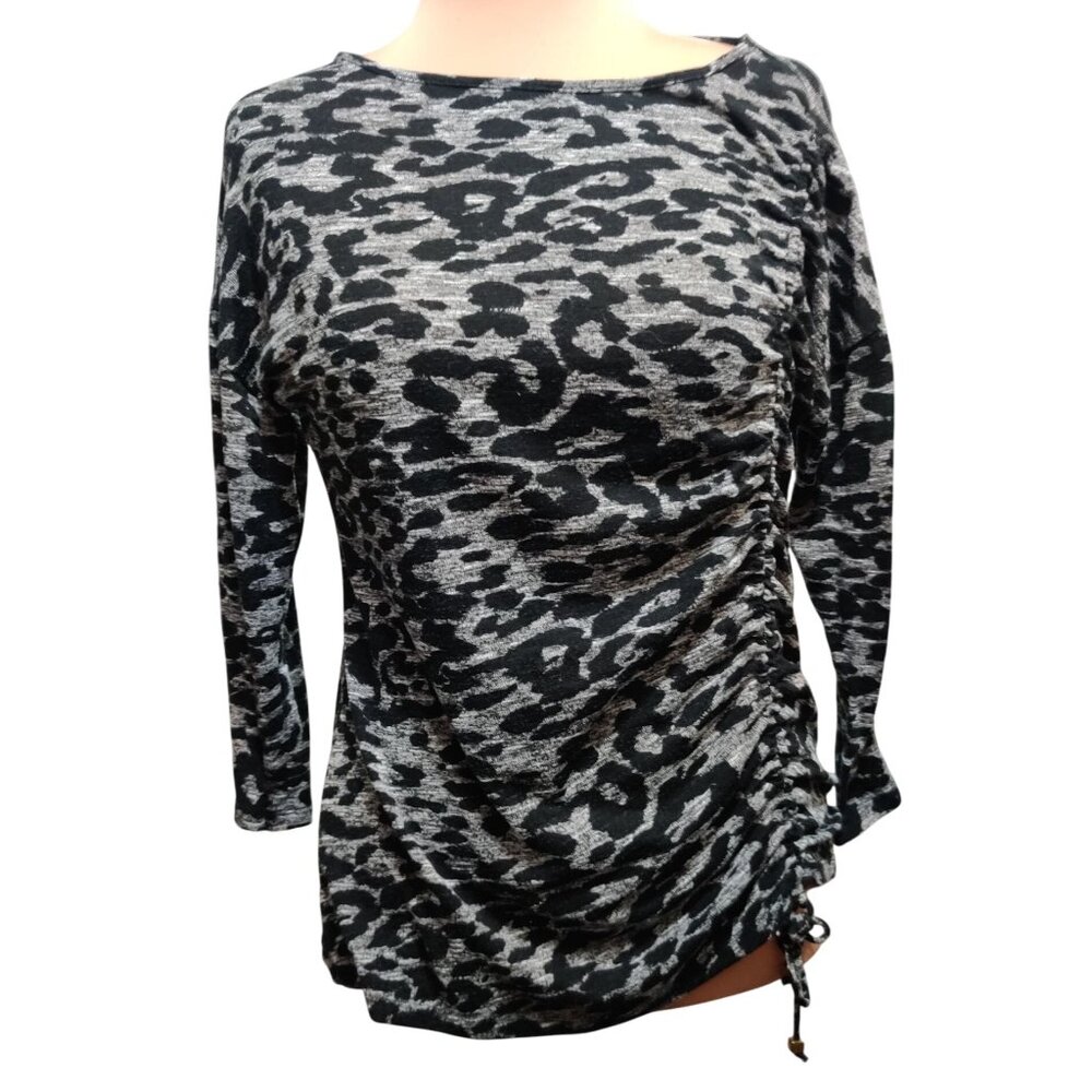 Adrienne Vittadini L Gray Black Animal Print Side Ruched Tie Long Sleeve Knit To